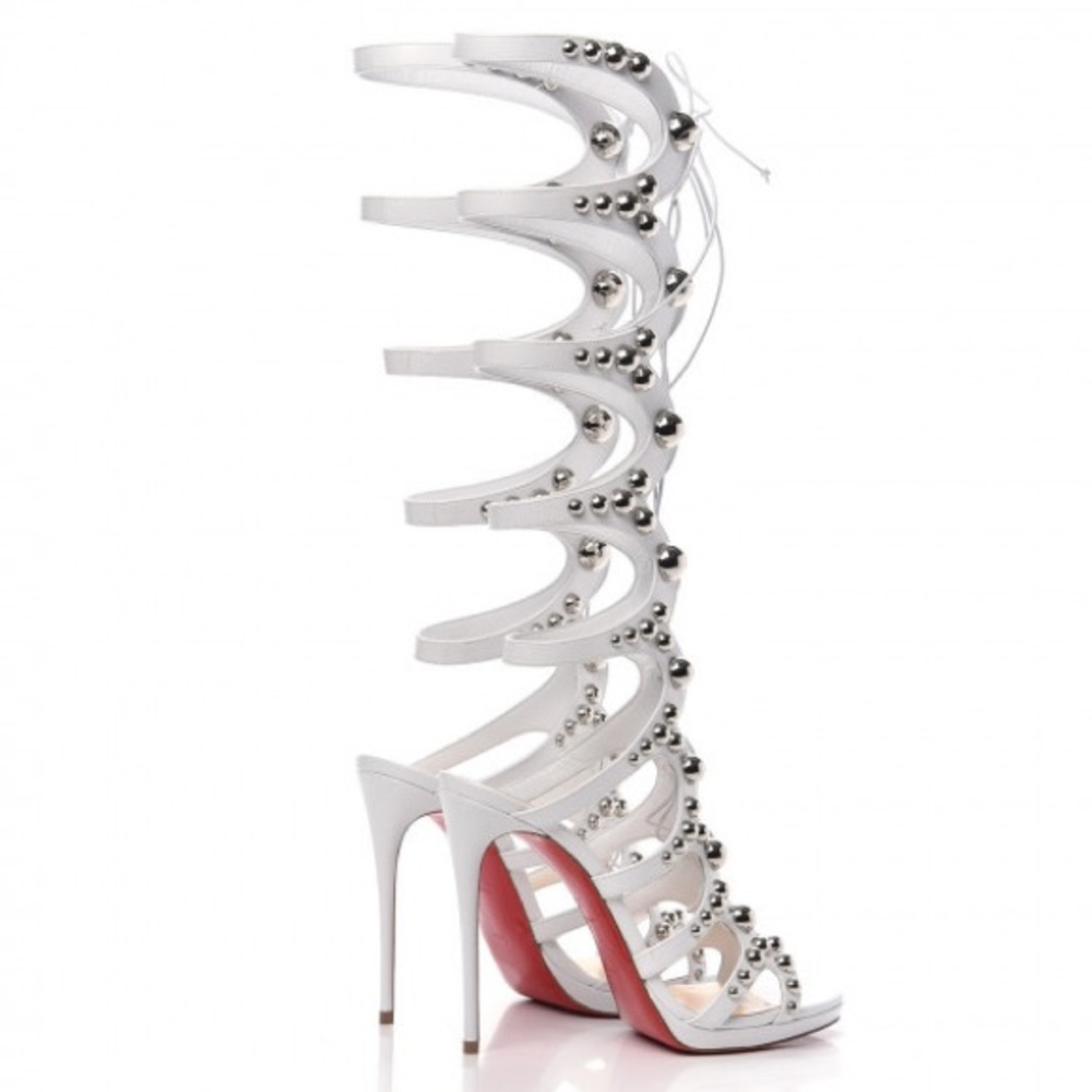 Christian Louboutin Amazoutiful 120 Lace Up Sandals Latte/Sliver - Picture 6 of 8
